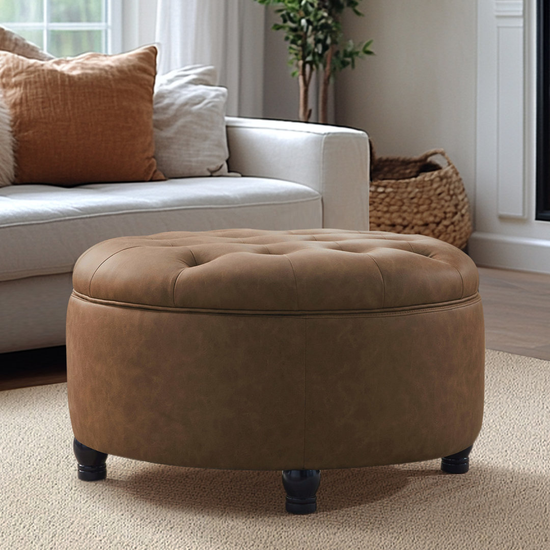 Dimitrika 30'W Faux Leather Tufted Round Storage Ottoman